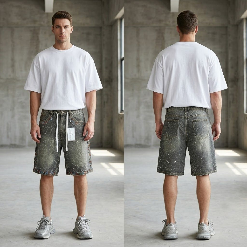 VALLEY Rhinestone Splatter Washed Denim Shorts