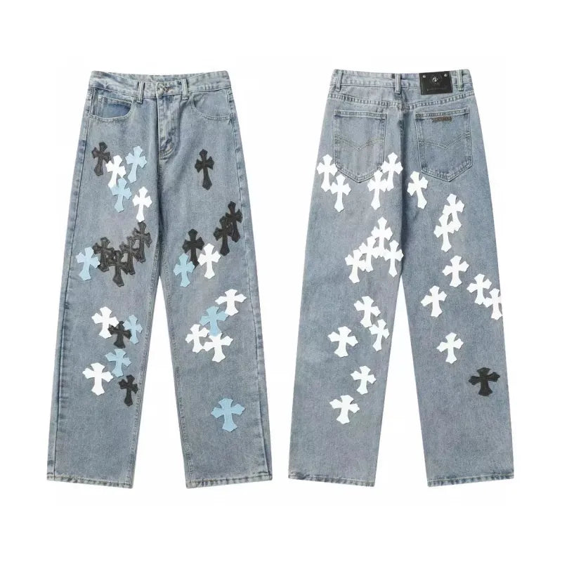 Chrome Hearts color cross leather jeans