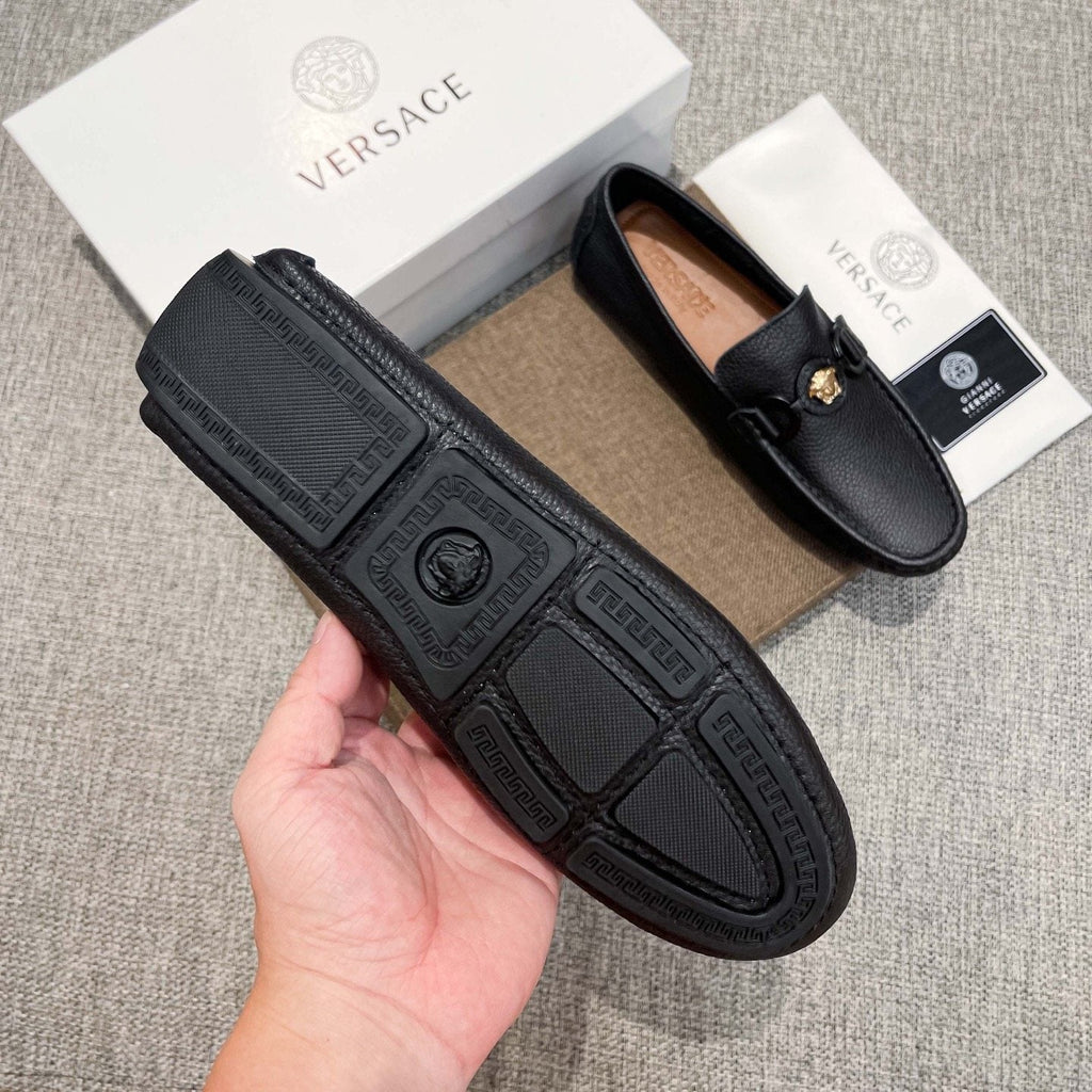 Versace Black Gold-Emblem Slip-On Loafers